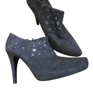 Rhinestone Ankle Booties Gray Faux Suede Heels Size 9 Kathy Van Zeeland